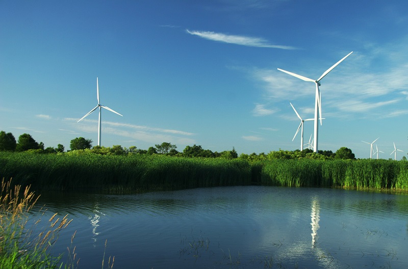 Photograph of wind turbines that reflect in a fresh water stream on a bright summer day. Photographed on Wolf Island, Kingston Ontario, Canada